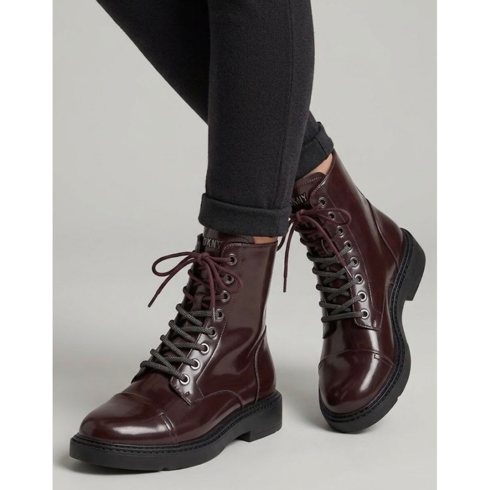 DKNY Burgundy Patent Leather Combat Boots Lace Up Zip Size 6M